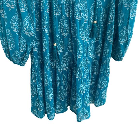 NWT Tuckernuck Tropical Teal Lantern Block Print Tie Neck Caftan Dress Large - Picture 2 of 7